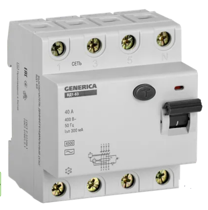 Фотография товара 'IEK Выключатель дифференциальный (УЗО) ВД1-63 4Р 40А 300мА, MDV15-4-040-300'