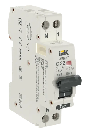 Фотография товара 'IEK ARMAT Автоматический выключатель дифференциального тока B06S 1P+NP C32 30мА тип AC (18мм), AR-B06S-1N-C32C030'