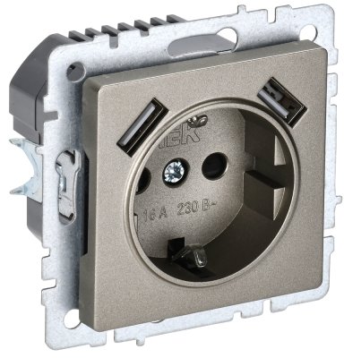 Фотография товара 'IEK BRITE Розетка 1-местная с заземлением с защитными шторками 16А с USB A+A 5В 2,1А РЮш10-1-БрШ шампань BR-R14-16-U21-D21-K37'