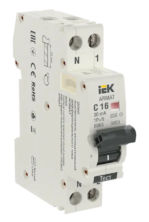 Фотография товара 'IEK ARMAT Автоматический выключатель дифференциального тока B06S 1P+NP C16 30мА тип A (18мм), AR-B06S-1N-C16A030'