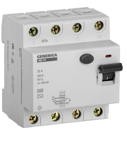 Фотография товара 'IEK Выключатель дифференциальный (УЗО) ВД1-63 4Р 32А 100мА, MDV15-4-032-100'