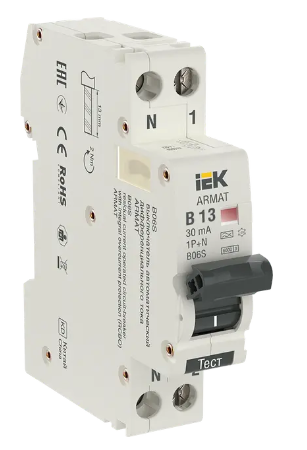 Фотография товара 'IEK ARMAT Автоматический выключатель дифференциального тока B06S 1P+NP B13 30мА тип A (18мм), AR-B06S-1N-B13A030'
