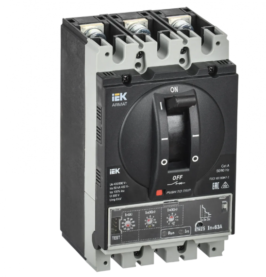 Фотография товара 'IEK ARMAT Автоматический выключатель в литом корпусе 3P типоразмер A 50кА 63А AR-MCCB-3A-050-0063A-ELSC'