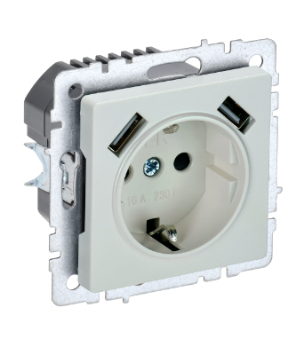 Фотография товара 'IEK BRITE Розетка 1-местная с заземлением с защитными шторками 16А с USB A+A 5В 3,1А РЮш10-2-БрЖ жемчуг BR-R14-16-U21-D31-K36'