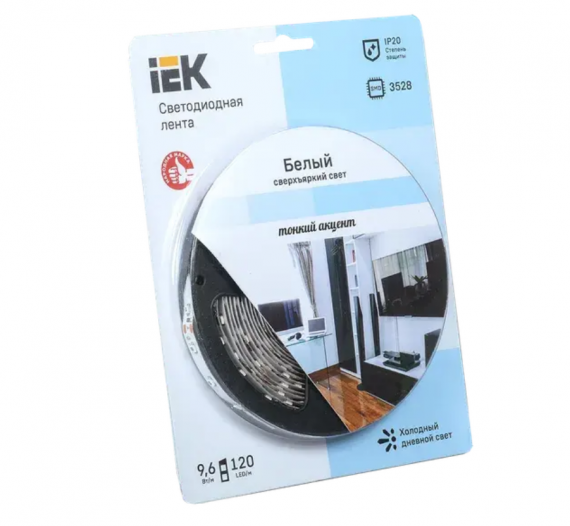 Фотография товара 'IEK Лента светодиодная 5м блистер LSR-3528W120-9.6-IP20-12V LSR1-2-120-20-1-05'