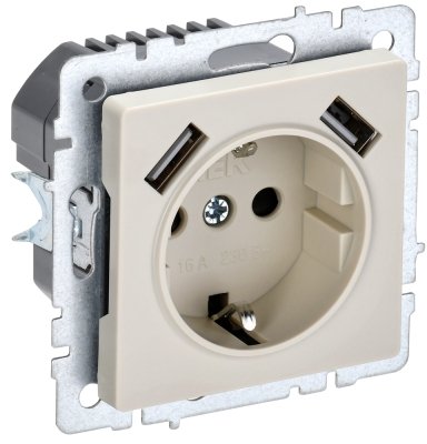 Фотография товара 'IEK BRITE Розетка 1-местная с заземлением с защитными шторками 16А с USB A+A 5В 3,1А РЮш10-2-БрКр бежевый BR-R14-16-U21-D31-K10'