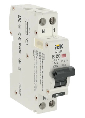 Фотография товара 'IEK ARMAT Автоматический выключатель дифференциального тока B06S 1P+NP B20 30мА тип A (18мм), AR-B06S-1N-B20A030'