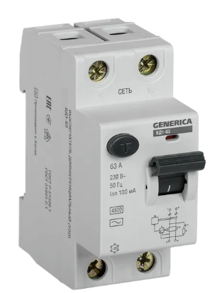 Фотография товара 'IEK Выключатель дифференциальный (УЗО) ВД1-63 2Р 63А 100мА, MDV15-2-063-100'