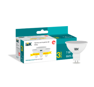 Фотография товара 'IEK Лампа светодиодная MR16 софит 7Вт 230В 4000К GU5,3 (3шт/упак) LLE-MR16-07-230-40-GU5-3'