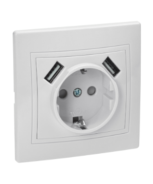 Фотография товара 'IEK KVARTA Розетка 1-местная РЮш10-1-КБ с заземляющим контактом и защитными шторками 16А USBх2 2,1А белый KV-R14-16-U2-K01'