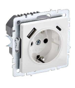 Фотография товара 'IEK BRITE Розетка 1-местная с заземлением с защитными шторками 16А с USB A+C 18Вт РЮш11-1-БрБ белый BR-R14-16-U22-018-K01'