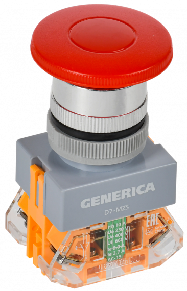 Фотография товара 'IEK BBG50-11MZS-3-21-K04-G Кнопка D7-MZS "Грибок" d=22мм 1NC+1NO с фикс. кр. GENERICA'