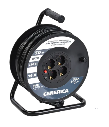 Фотография товара 'IEK Катушка УК50 с термозащитой 4 места 2P+PE/50м 3х1,5мм2 WKP20-16-04-50-G'