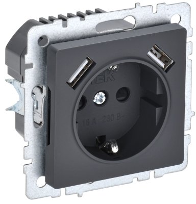 Фотография товара 'IEK BRITE Розетка 1-местная с заземлением с защитными шторками 16А с USB A+A 5В 2,1А РЮш10-1-БрГ графит BR-R14-16-U21-D21-K53'