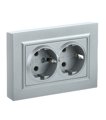 Фотография товара 'IEK BRITE Розетка 2-местная с заземлением без защитных шторок 16А в сборе РС12-3-БрС сталь BR-R21-16-K46-F'
