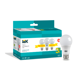 Фотография товара 'IEK Лампа светодиодная A60 шар 11Вт 230В 4000К E27 (3шт/упак) LLE-A60-11-230-40-E27-3'