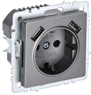 Фотография товара 'IEK BRITE Розетка 1-местная с заземлением с защитными шторками 16А с USB A+A 5В 2,1А РЮш10-1-БрС сталь BR-R14-16-U21-D21-K46'
