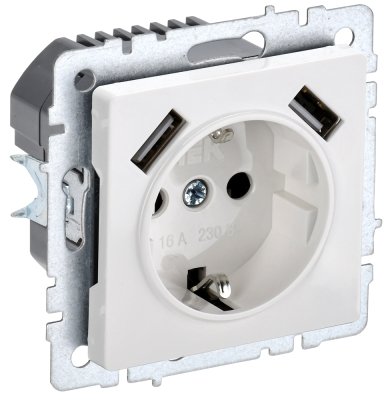 Фотография товара 'IEK BRITE Розетка 1-местная с заземлением с защитными шторками 16А с USB A+A 5В 3,1А РЮш10-2-БрБ белый BR-R14-16-U21-D31-K01'