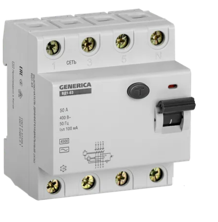Фотография товара 'IEK  Выключатель дифференциальный (УЗО) ВД1-63 4Р 50А 100мА, MDV15-4-050-100'