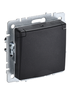 Фотография товара 'IEK BRITE Розетка 1-местная с заземлением с защитными шторками и крышкой 16А IP44 РСбш10-3-44-БрЧ черный BR-R16-16-44-K02'