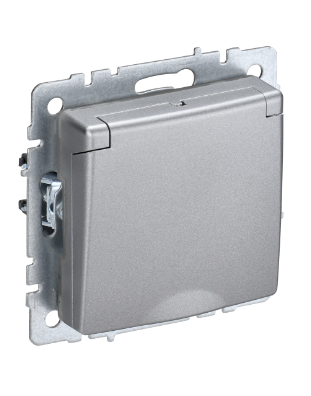 Фотография товара 'IEK BRITE Розетка 1-местная с заземлением с защитными шторками и крышкой 16А IP44 РСбш10-3-44-БрА алюминий BR-R16-16-44-K47'