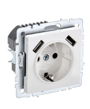 Фотография товара 'IEK BRITE Розетка 1-местная с заземлением с защитными шторками 16А с USB A+A 5В 2,1А РЮш10-1-БрБ белый BR-R14-16-U21-D21-K01'