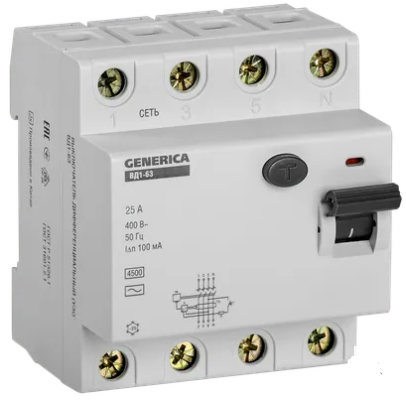 Фотография товара 'IEK Выключатель дифференциальный (УЗО) ВД1-63 4Р 25А 100мА, MDV15-4-025-100'