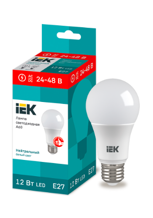 Фотография товара 'IEK Лампа светодиодная A60 шар 12Вт 24-48В 4000К E27 LLE-A60-12-24-48-40-E27'