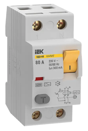 Фотография товара 'IEK Выключатель дифференциальный (УЗО) KARAT ВД3-63 2P 80А 300мА 6кА тип AC, MDV20-2-080-300'