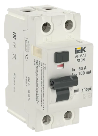 Фотография товара 'IEK ARMAT Выключатель дифференциального тока R10N 2P 63А 100мА тип A, AR-R10N-2-063A100'
