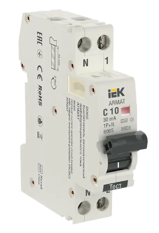 Фотография товара 'IEK ARMAT Автоматический выключатель дифференциального тока B06S 1P+NP C10 30мА тип A (18мм), AR-B06S-1N-C10A030'