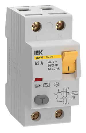 Фотография товара 'IEK Выключатель дифференциальный (УЗО) KARAT ВД3-63 2P 63А 30мА 6кА тип AC, MDV20-2-063-030'