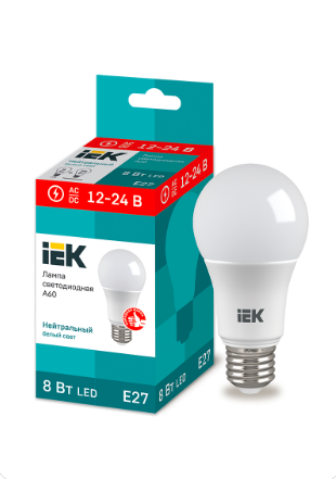 Фотография товара 'IEK Лампа светодиодная A60 шар 8Вт 12-24В 4000К E27 LLE-A60-08-12-24-40-E27'