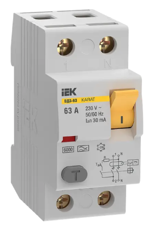 Фотография товара 'IEK Выключатель дифференциальный (УЗО) KARAT ВД3-63 2P 63А 30мА 6кА тип A, MDV21-2-063-030'