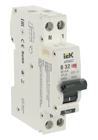 Фотография товара 'IEK ARMAT Автоматический выключатель дифференциального тока B06S 1P+NP B32 30мА тип A (18мм), AR-B06S-1N-B32A030'