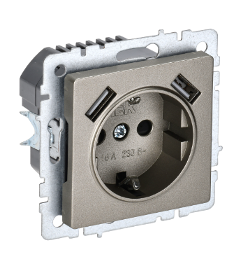 Фотография товара 'IEK BRITE Розетка 1-местная с заземлением с защитными шторками 16А с USB A+A 5В 3,1А РЮш10-2-БрШ шампань BR-R14-16-U21-D31-K37'