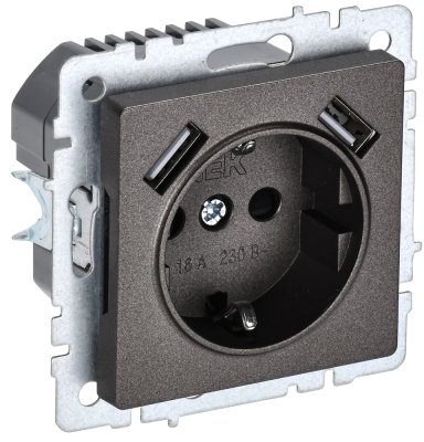 Фотография товара 'IEK BRITE Розетка 1-местная с заземлением с защитными шторками 16А с USB A+A 5В 2,1А РЮш10-1-БрТБ темная бронза BR-R14-16-U21-D21-K45'