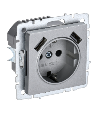 Фотография товара 'IEK BRITE Розетка 1-местная с заземлением с защитными шторками 16А с USB A+A 5В 3,1А РЮш10-2-БрА алюминий BR-R14-16-U21-D31-K47'