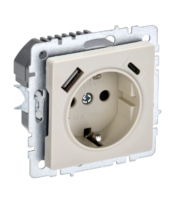 Фотография товара 'IEK BRITE Розетка 1-местная с заземлением с защитными шторками 16А с USB A+C 18Вт РЮш11-1-БрКр бежевый BR-R14-16-U22-018-K10'