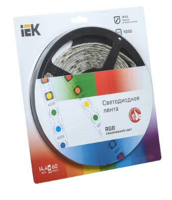 Фотография товара 'IEK Лента светодиодная 5м блистер LSR-5050RGB60-14,4-IP65-12V LSR2-3-060-65-1-05'