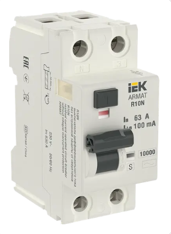 Фотография товара 'IEK ARMAT Выключатель дифференциального тока R10N 2P 63А 100мА тип AC-S, AR-R10N-2-063CS100'